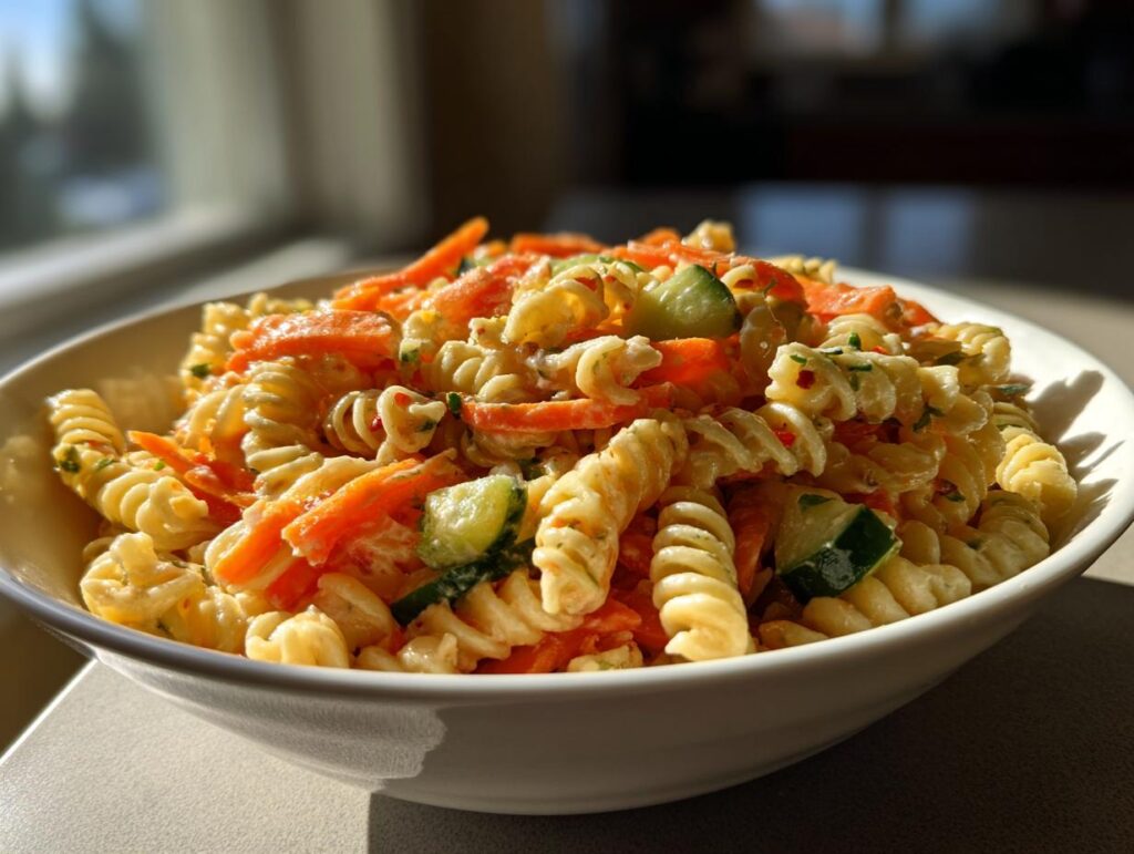 Close-up of a bowl of pasta salad classic with carrots, cucumbers, and creamy dressing.