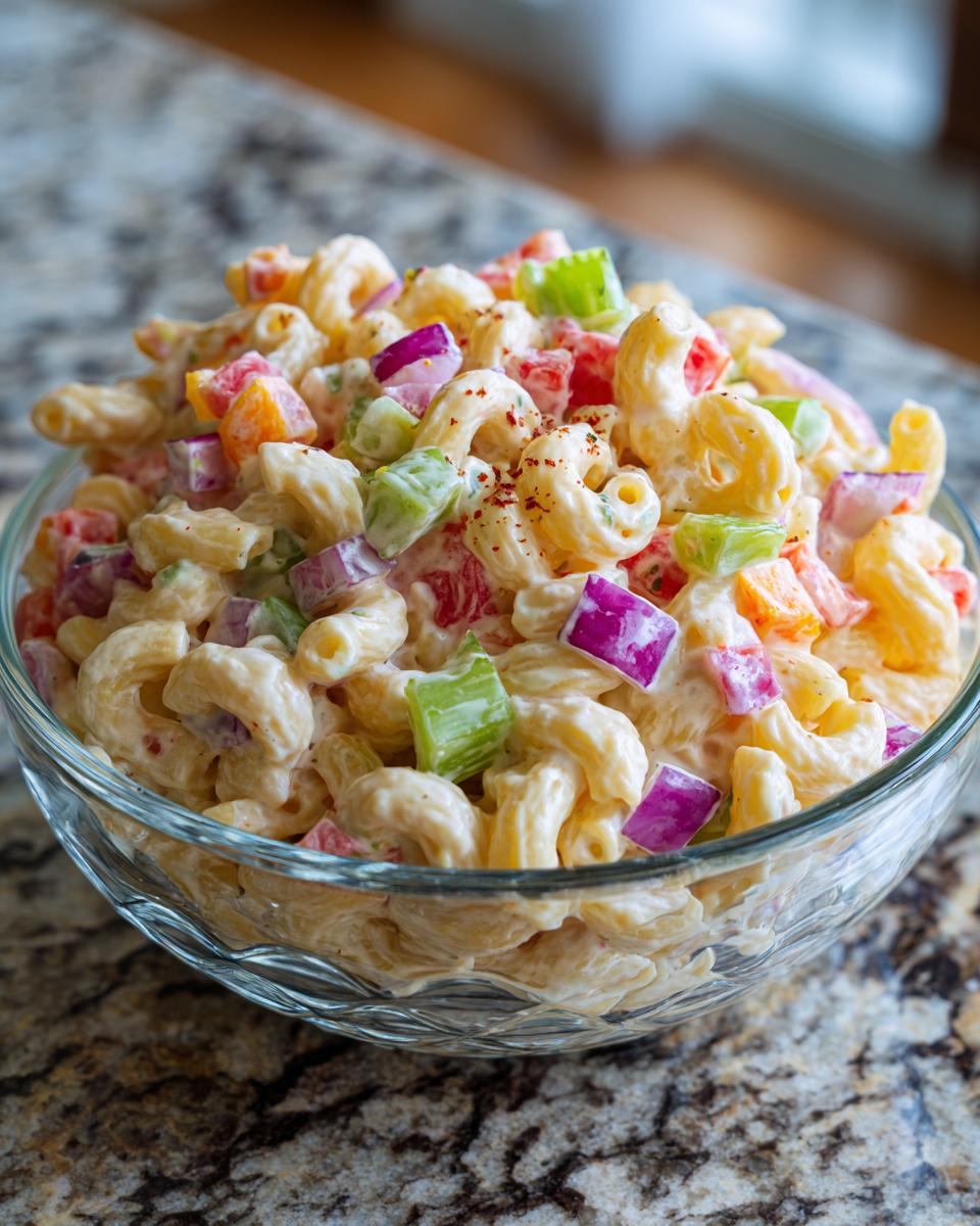 Close-up of a classic pasta salad classic with macaroni, vegetables, and creamy dressing.