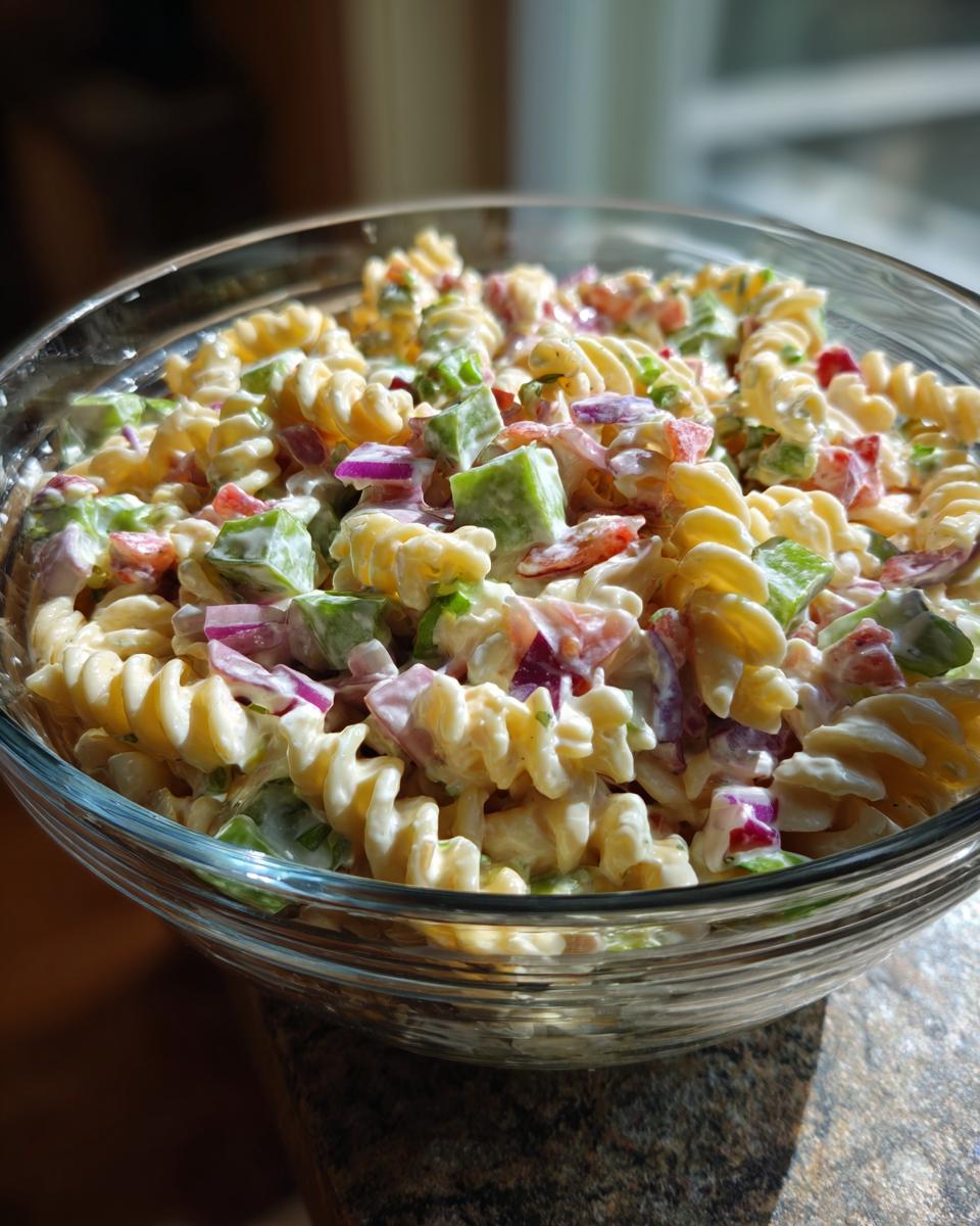 Close-up of a bowl of pasta salad classic with rotini pasta, vegetables, and creamy dressing.