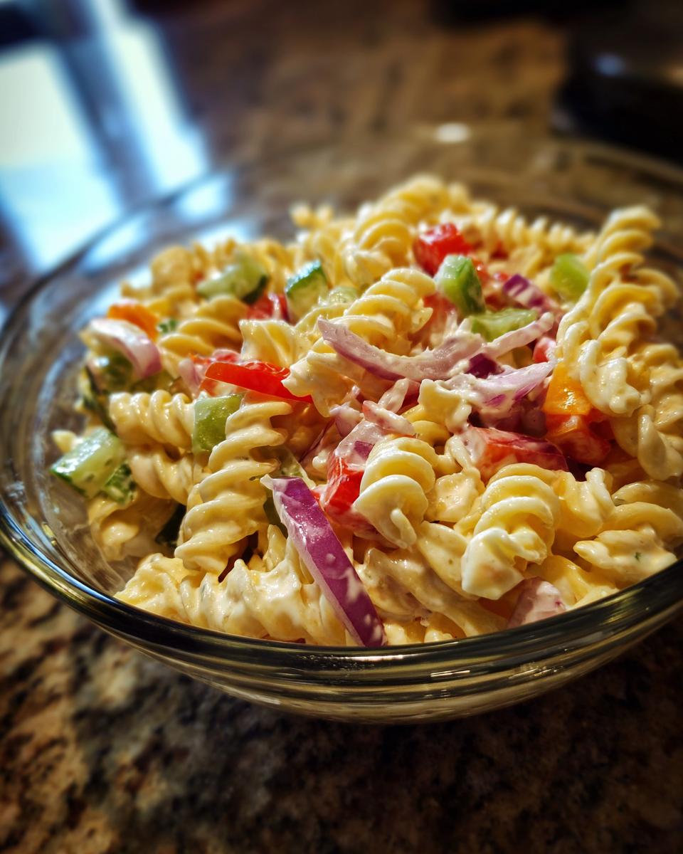 Close-up of a bowl of pasta salad classic with rotini pasta, vegetables, and creamy dressing.