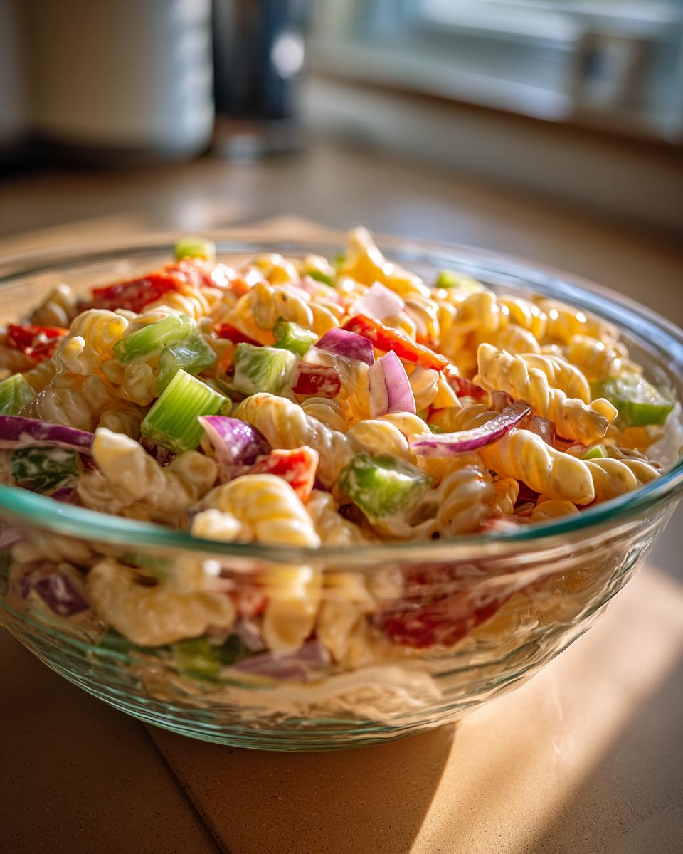 Close-up of a bowl filled with classic pasta salad. The pasta salad classic includes rotini, vegetables, and creamy dressing.