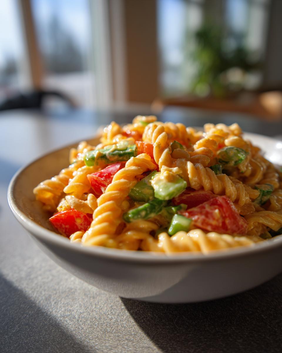 Close-up of a bowl of creamy pasta salad classic with tomatoes and green peppers.