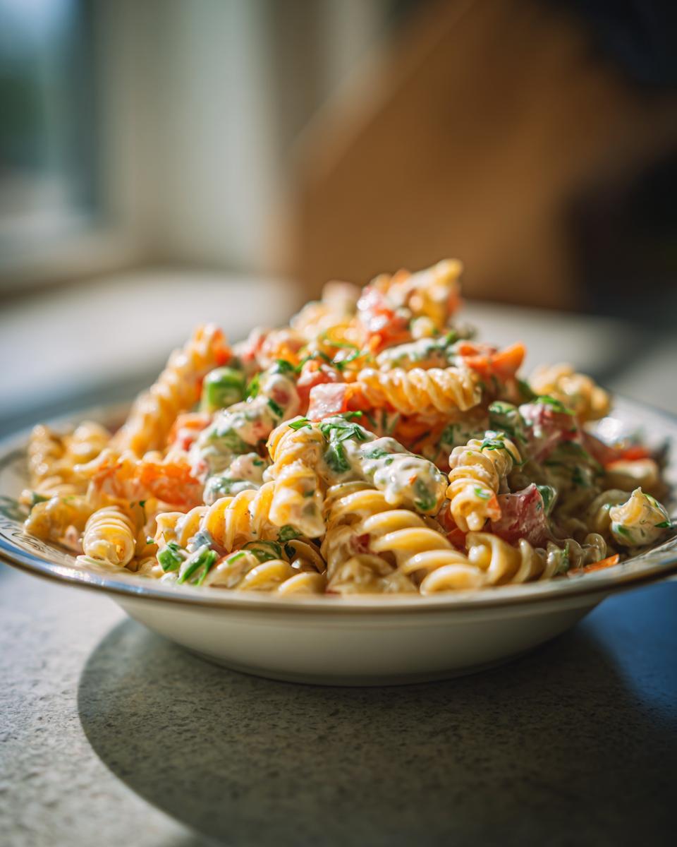 Close-up of a bowl filled with pasta salad classic with vegetables and creamy dressing.