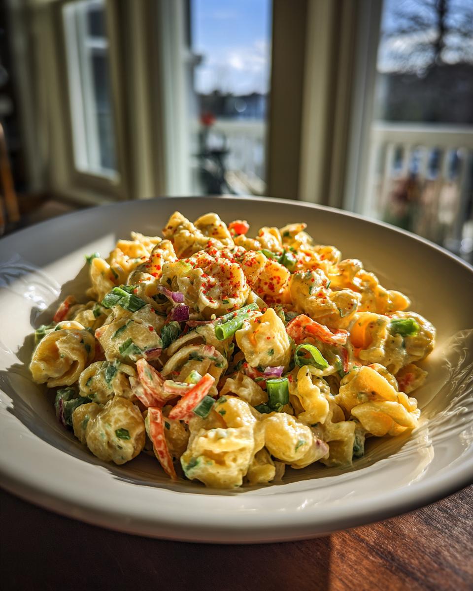 Close-up of a creamy pasta salad classic in a white bowl, with vegetables and seasoning.