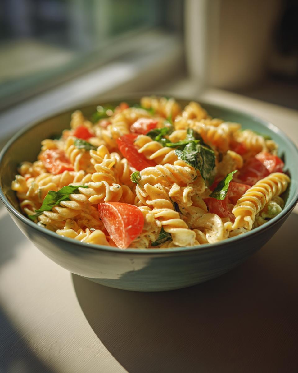 Close-up of a bowl of pasta salad classic with tomatoes and basil.