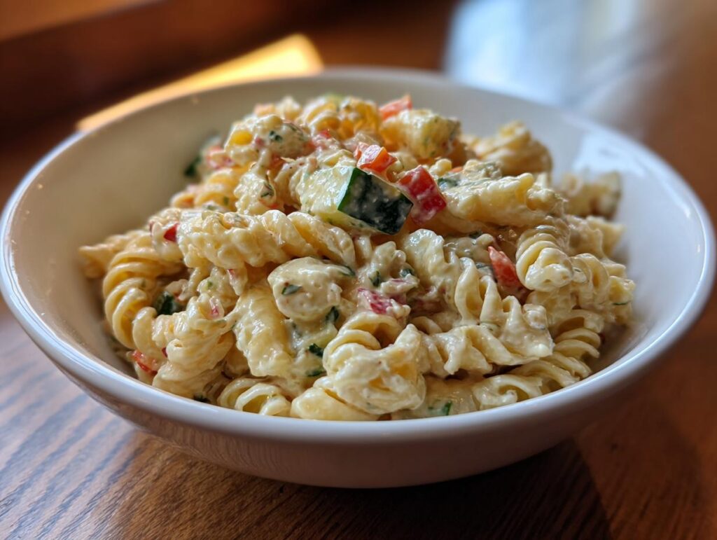 Close-up of a bowl filled with a delicious pasta salad classic, featuring spiral pasta and fresh vegetables.