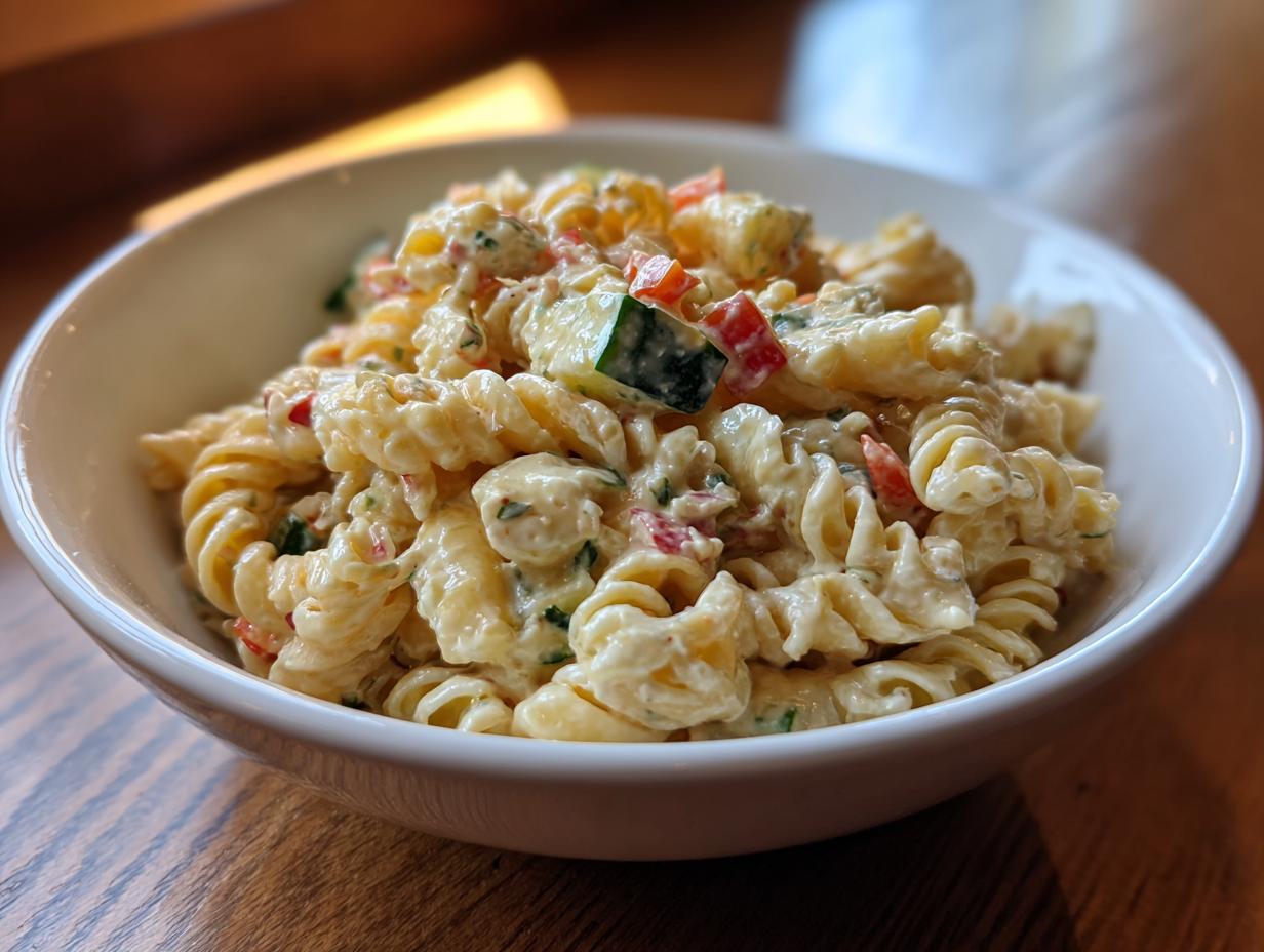 Close-up of a bowl filled with a delicious pasta salad classic, featuring spiral pasta and fresh vegetables.