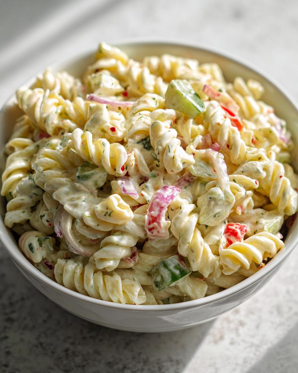 Close-up of a bowl filled with a creamy pasta salad classic, featuring pasta, vegetables, and dressing.