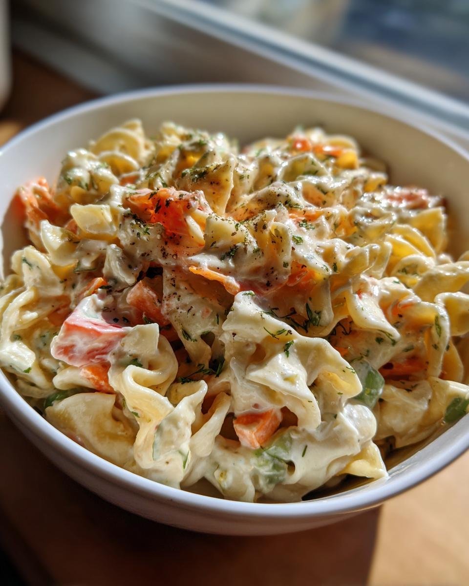 Close-up of a bowl of pasta salad classic with vegetables and creamy dressing. The pasta salad classic is a perfect side dish.