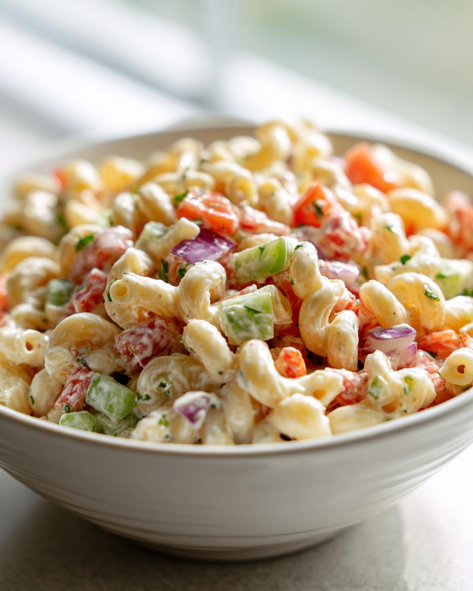 Close-up of a bowl filled with pasta salad classic, featuring macaroni, vegetables, and creamy dressing.