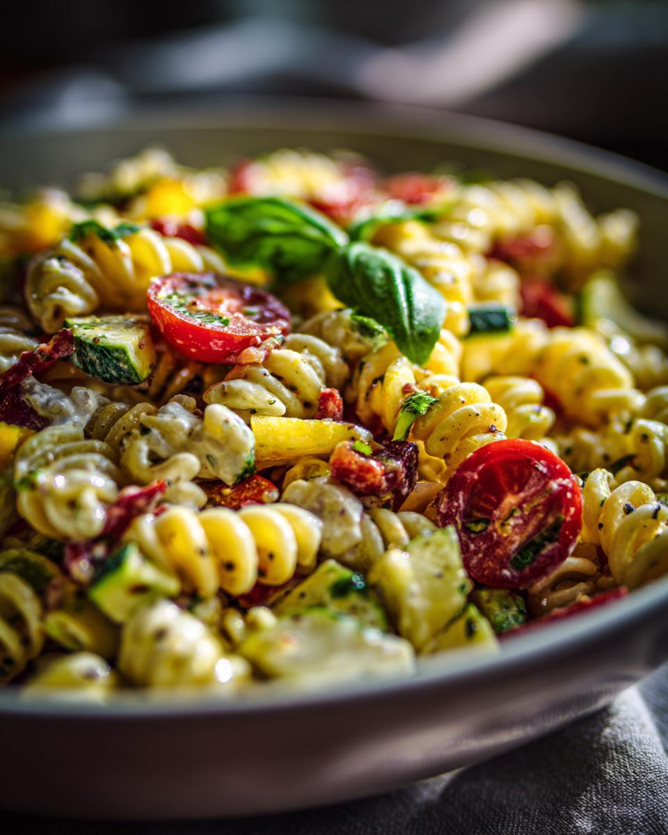 Close-up of a vibrant pasta salad classic with tomatoes, zucchini, and basil.