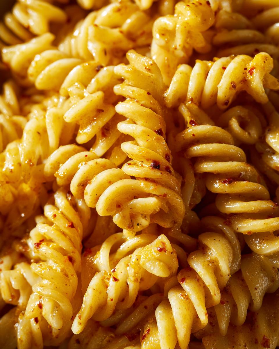 Close-up of pasta salad classic with spiral pasta and sauce.