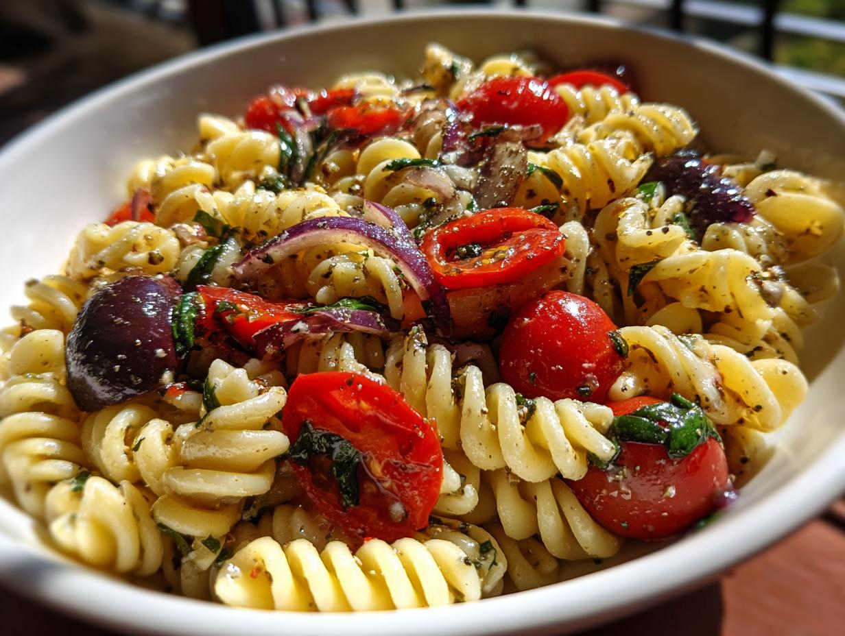 Close-up of a vibrant pasta salad classic with tomatoes, olives, and red onion.