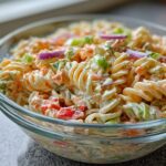 Close-up of a pasta salad classic with rotini pasta, vegetables, and creamy dressing.
