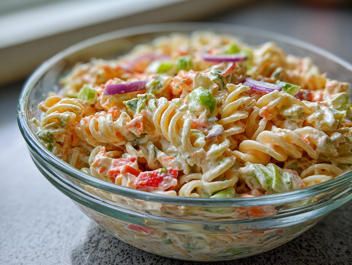 Close-up of a pasta salad classic with rotini pasta, vegetables, and creamy dressing.