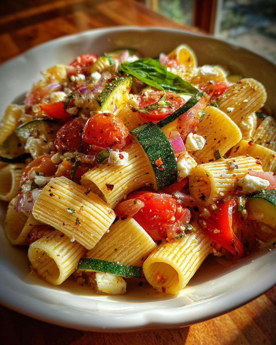 Close-up of a pasta salad classic with rigatoni, tomatoes, zucchini, and feta cheese.