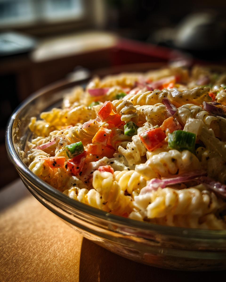 Close-up of a bowl of pasta salad with vegetables. Learn how do you make pasta salad.