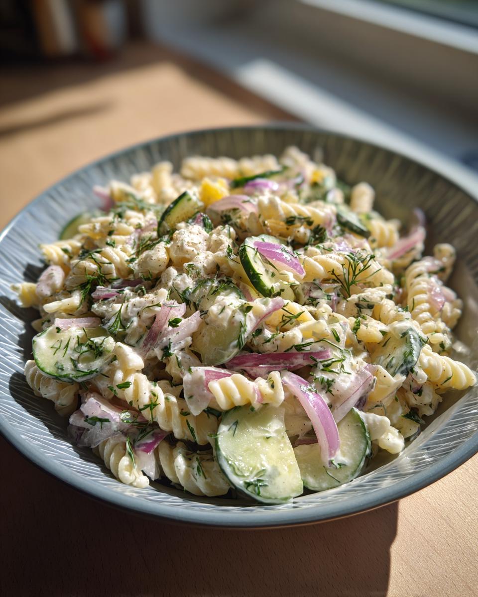 Close-up of a bowl of pasta salad cucumber with red onion and fresh dill.