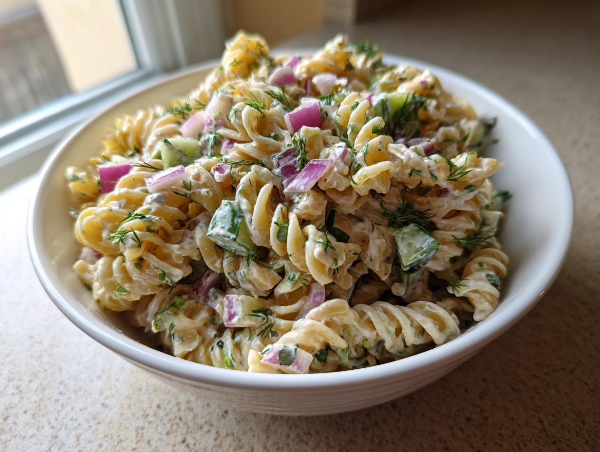 Close-up of a bowl of pasta salad cucumber with red onion and dill.