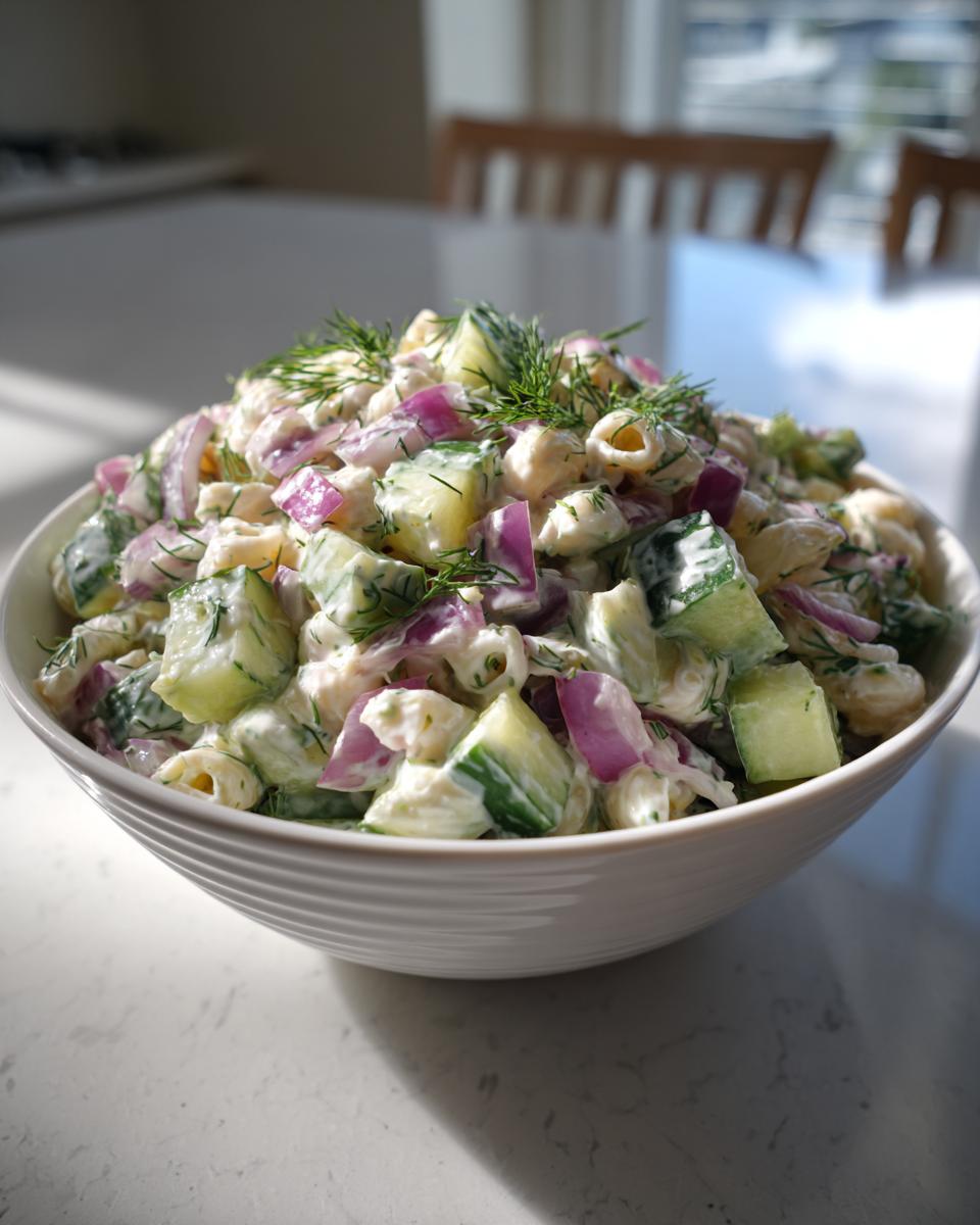 A vibrant bowl of pasta salad cucumber with red onion and fresh dill.