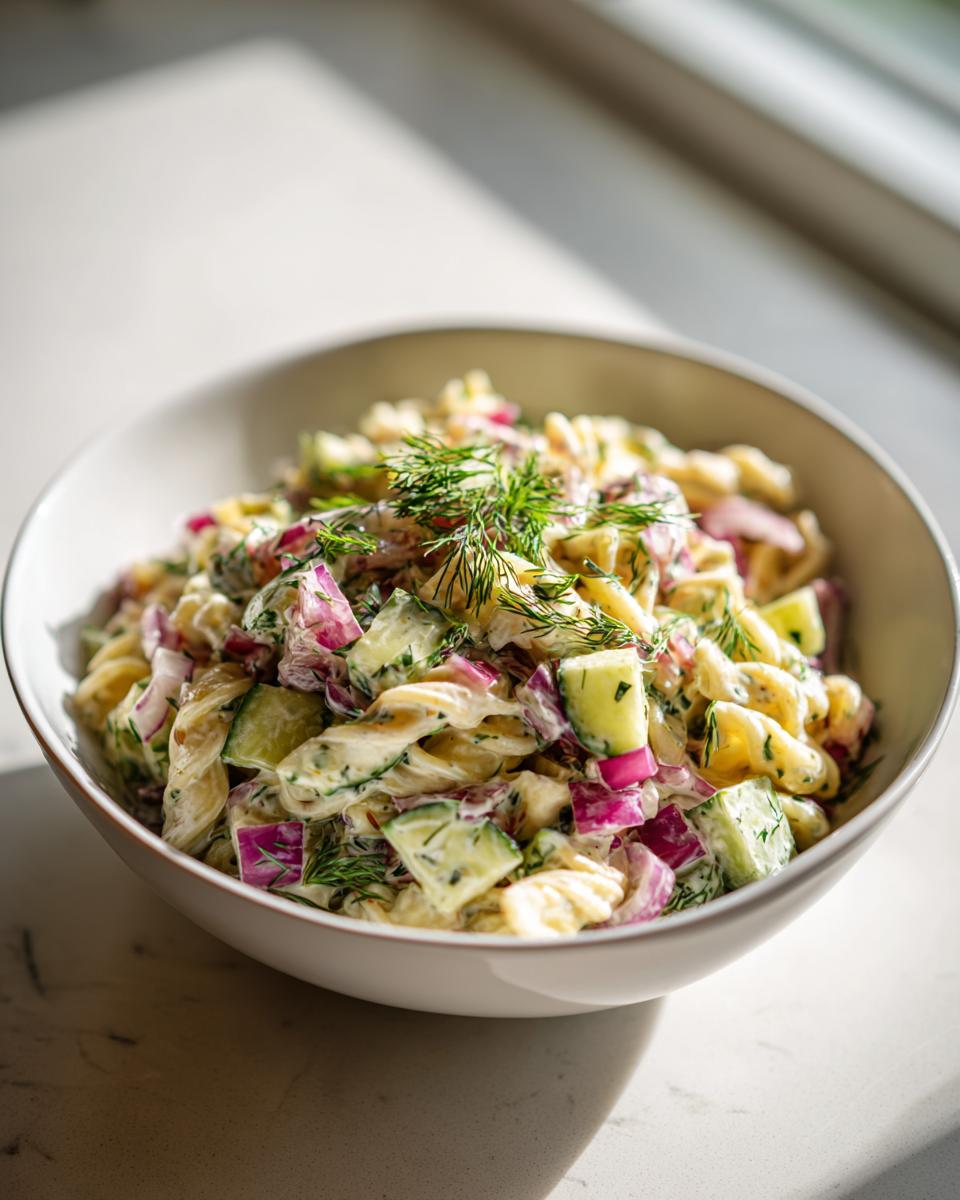 Close-up of a pasta salad cucumber with red onion and dill in a white bowl.
