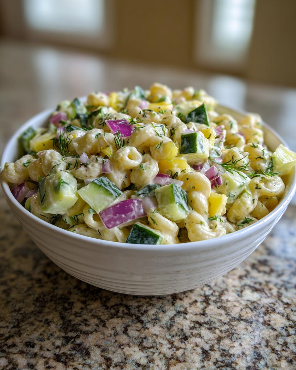 Close-up of a bowl filled with pasta salad cucumber, red onion, and dill.