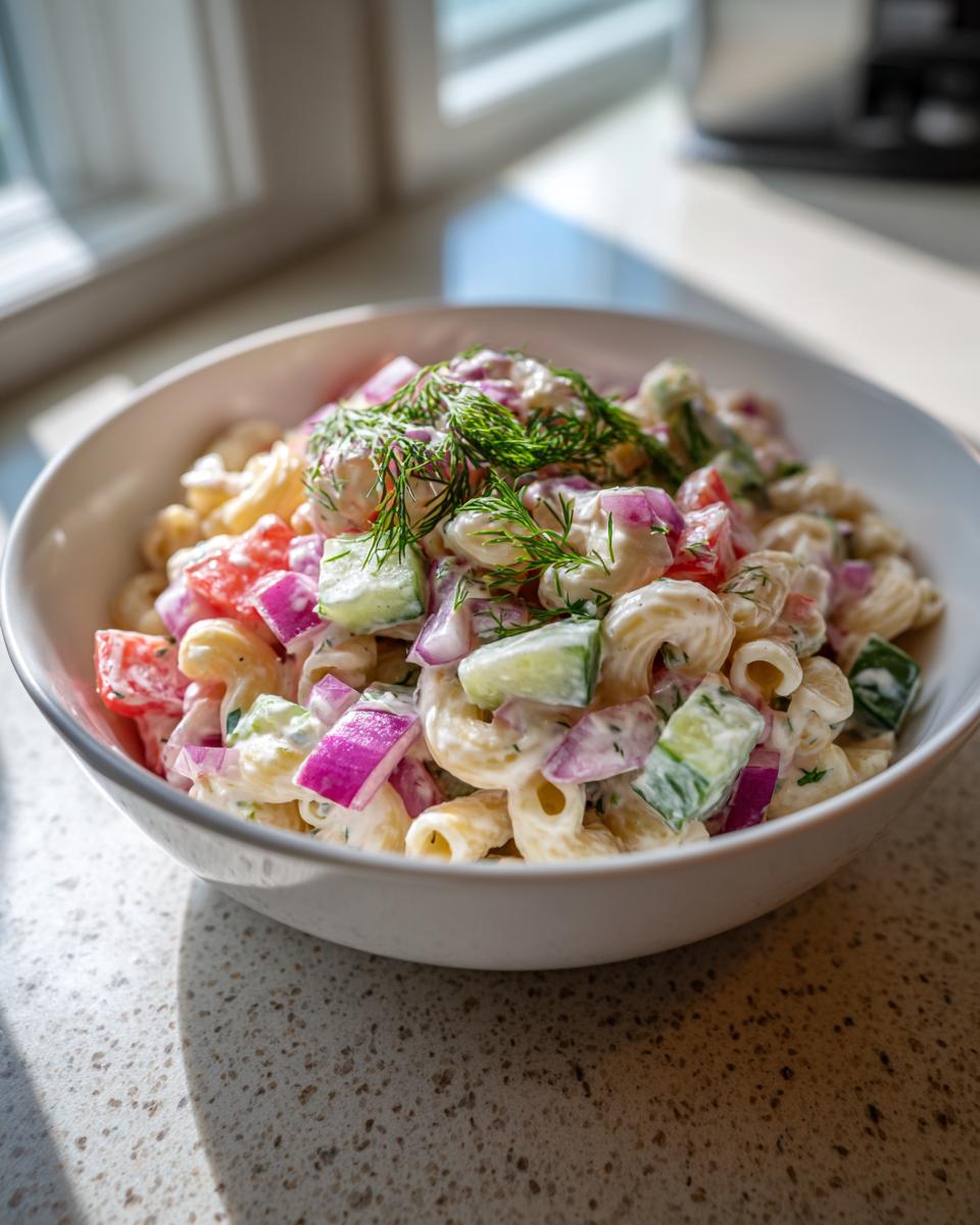 Close-up of a bowl of pasta salad cucumber with red onion, tomatoes, and dill.