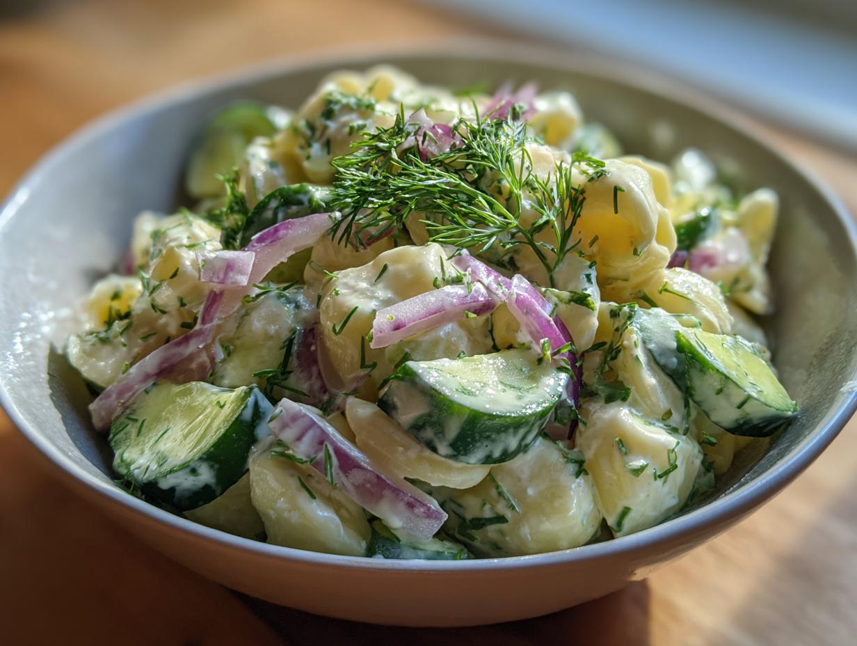 Close-up of a bowl of pasta salad cucumber with dill and red onion.