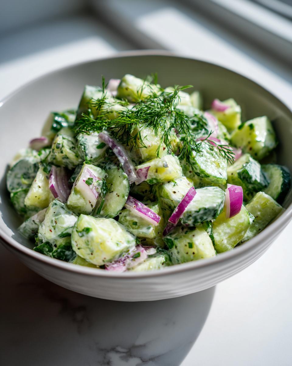 Close-up of a pasta salad cucumber with red onion and fresh dill in a white bowl.