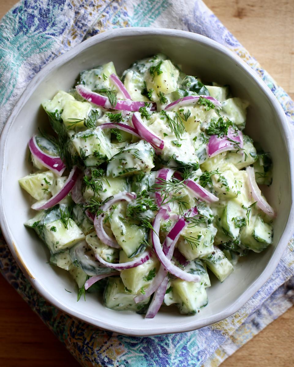 Close-up of creamy pasta salad cucumber with red onion and fresh herbs.