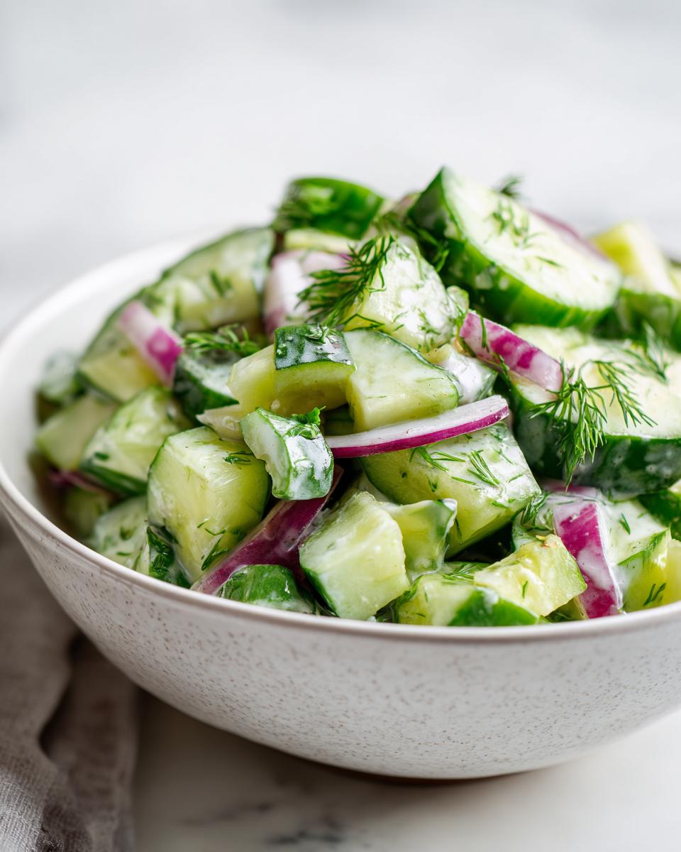 Close-up of a creamy pasta salad cucumber with fresh dill and red onion.