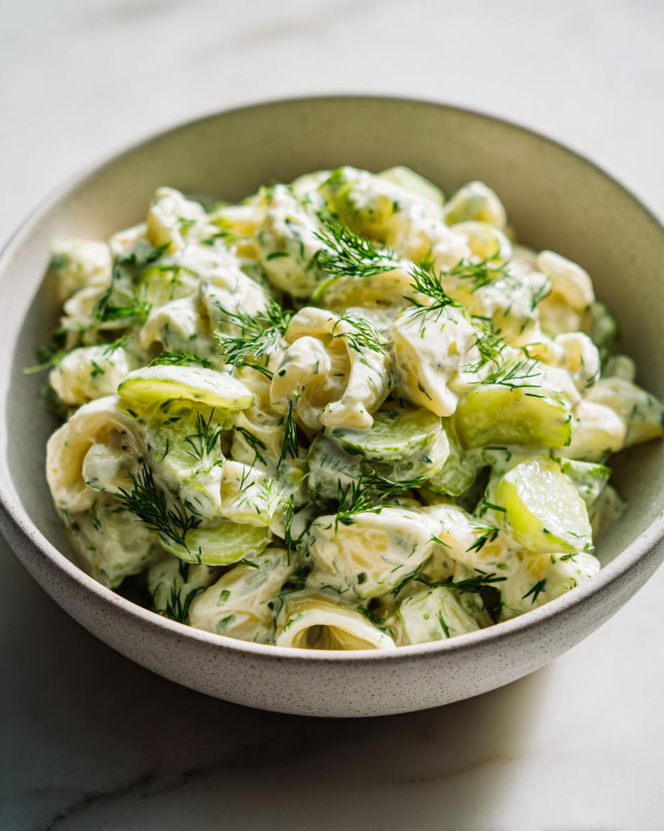 Close-up of creamy pasta salad dill pickle with fresh dill in a bowl.