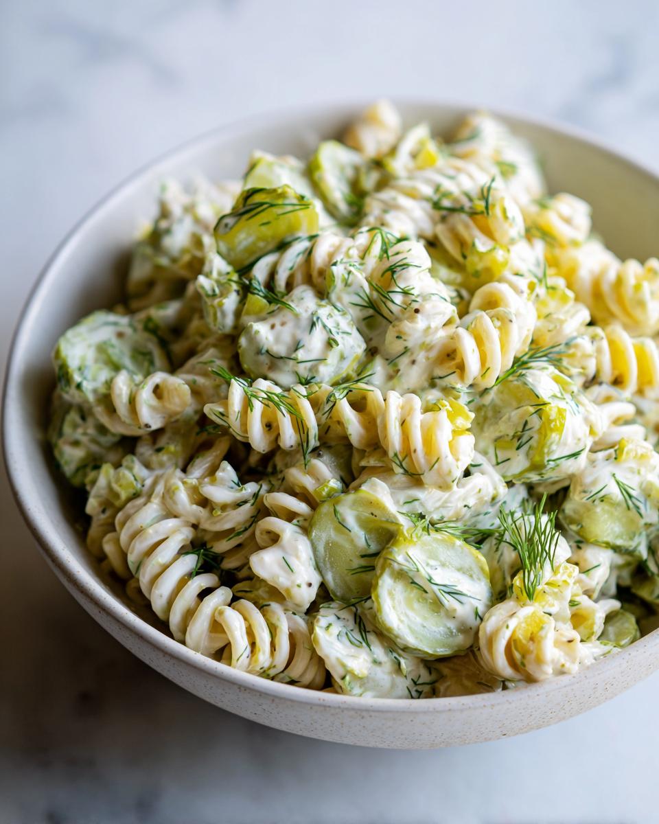 Close-up of a bowl filled with pasta salad dill pickle, showing pasta, pickles, and creamy dressing.
