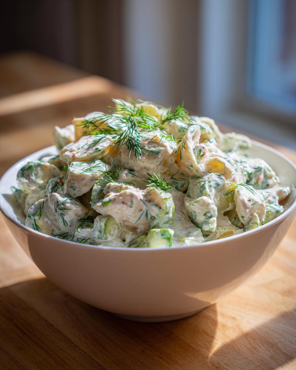 Close-up of a bowl of creamy pasta salad dill pickle with fresh dill garnish.