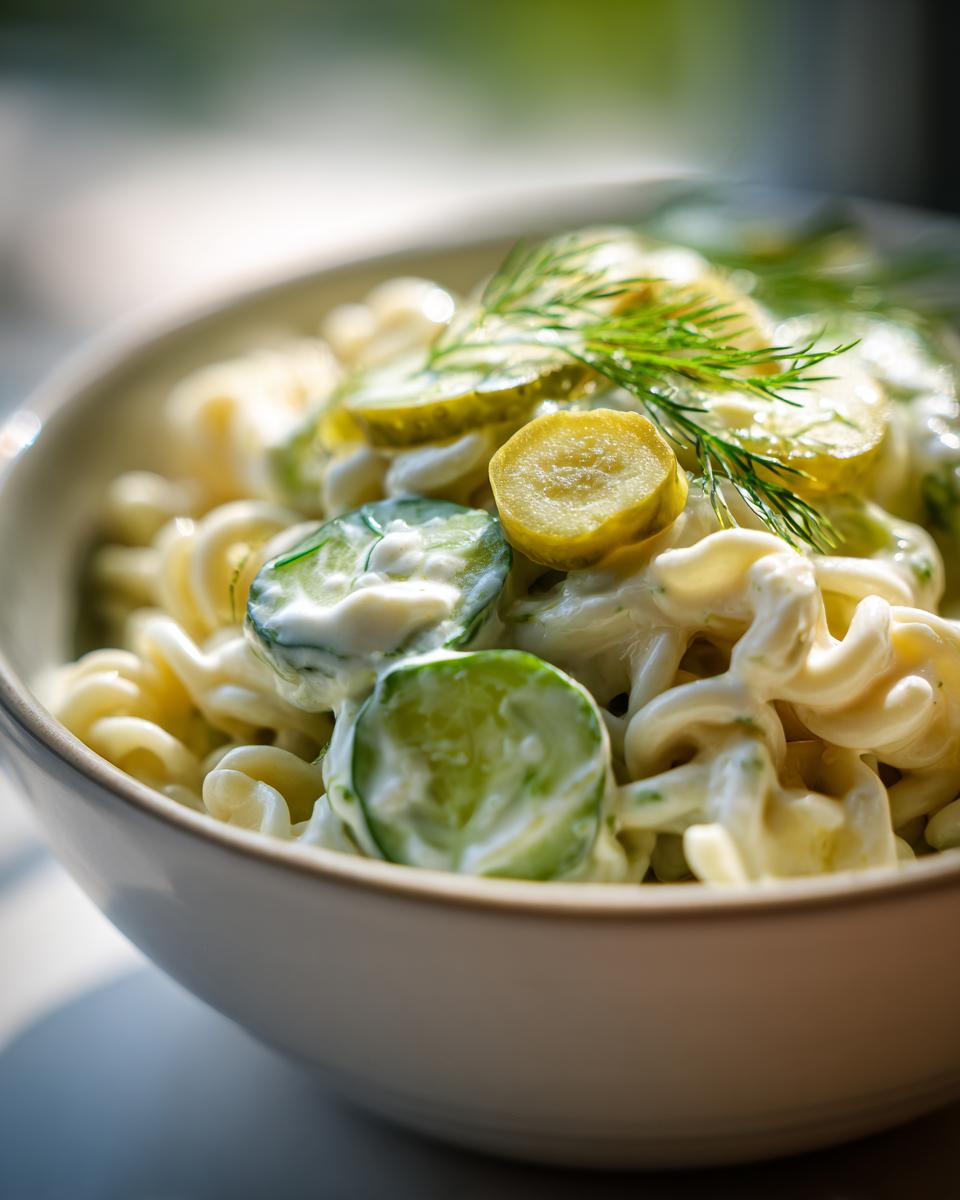 Close-up of a bowl of pasta salad dill pickle with fresh dill and pickles.