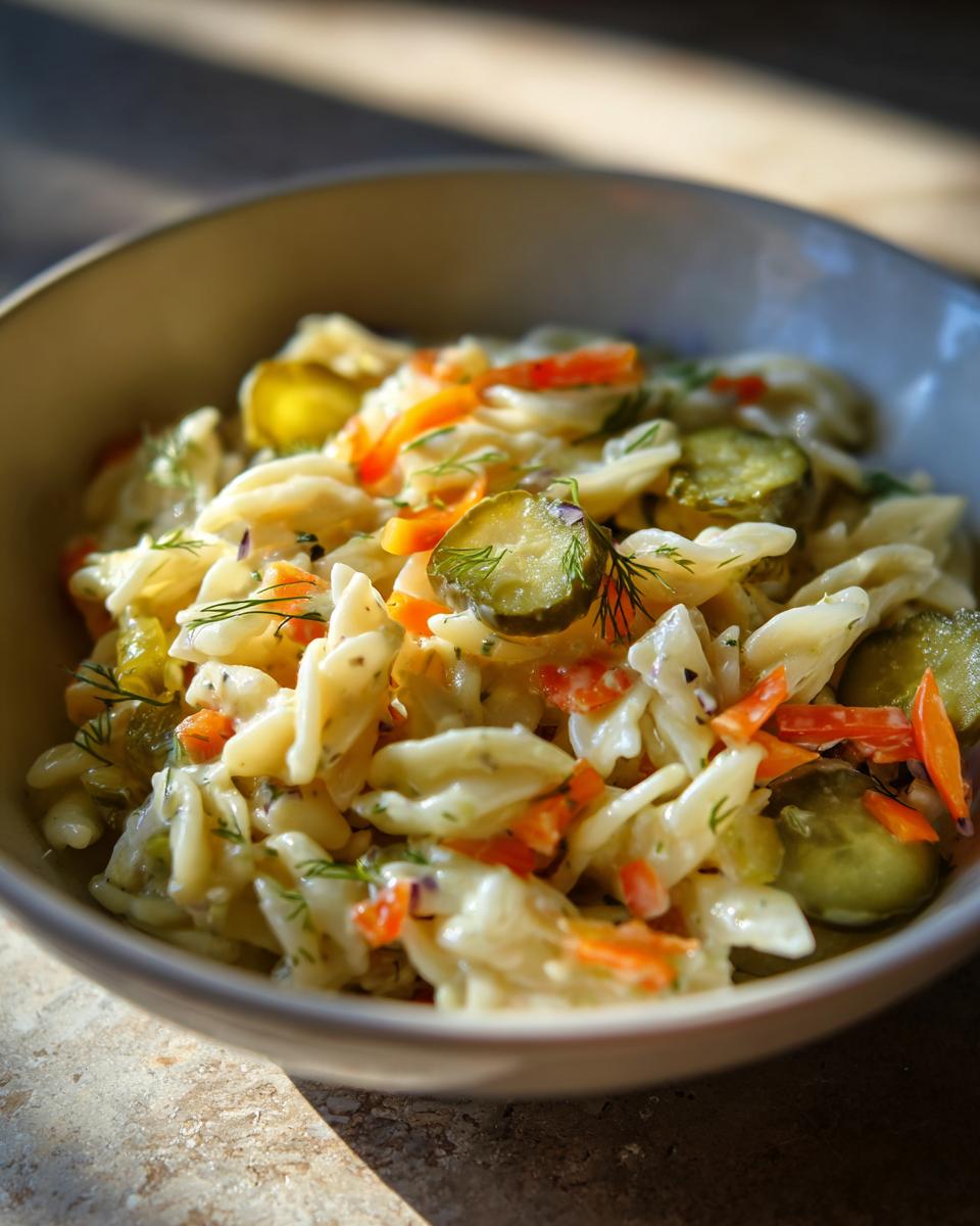 Close-up of pasta salad dill pickle in a bowl, featuring pasta, pickles, and carrots.