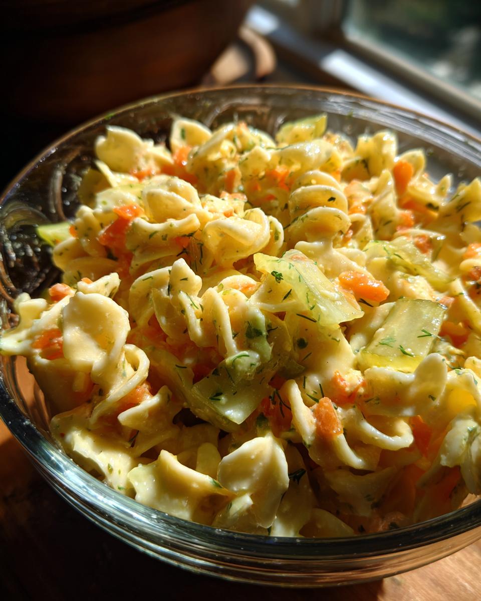 Close-up of a bowl of pasta salad dill pickle with bow tie pasta, carrots, and dill.