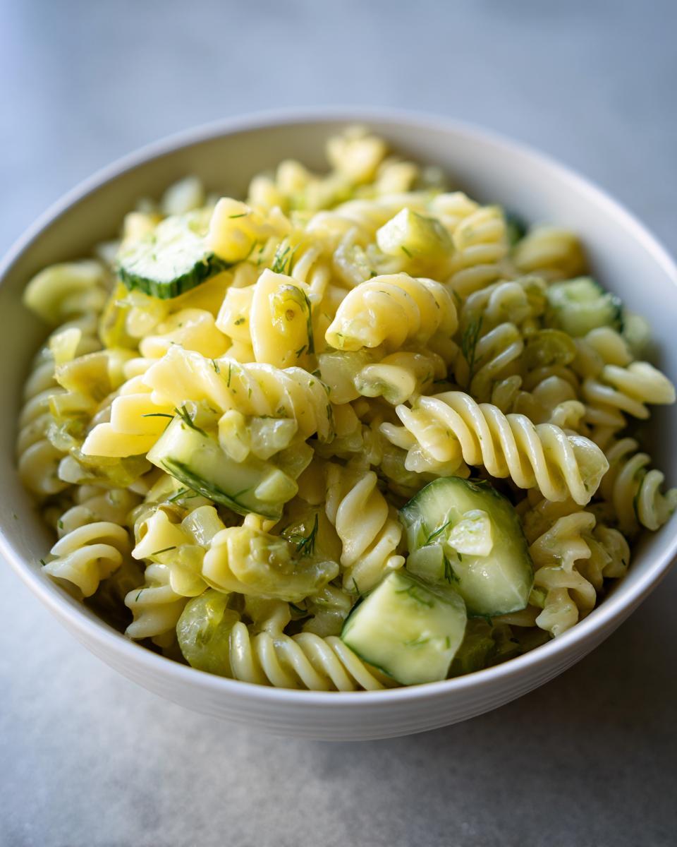 Close-up of a bowl filled with pasta salad dill pickle, featuring pasta, cucumbers, and dill.