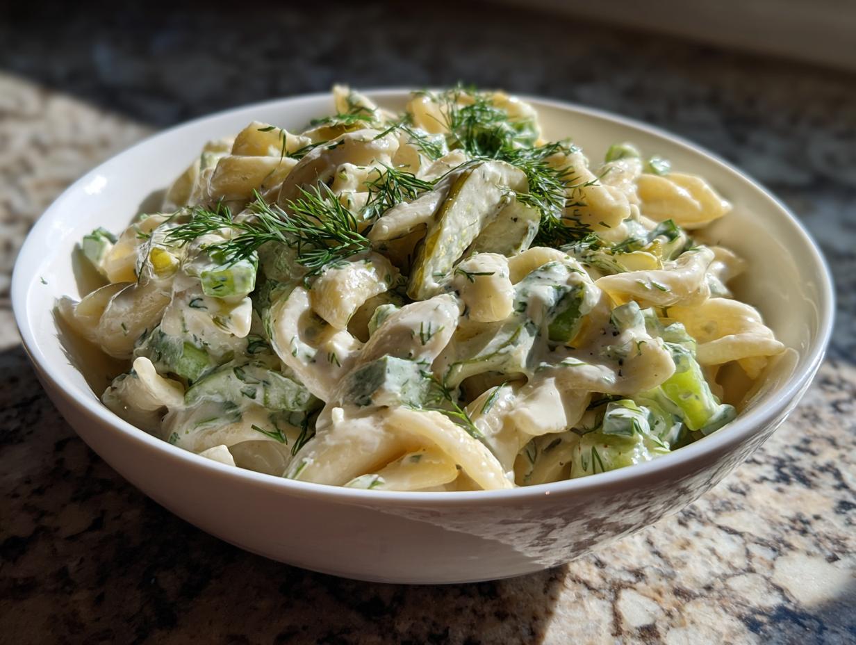 Close-up of creamy pasta salad dill pickle in a white bowl, garnished with fresh dill.