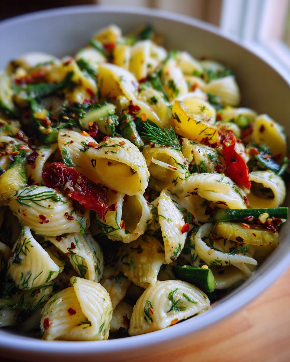 Close-up of a creamy pasta salad dill pickle with shell pasta, fresh dill, and sun-dried tomatoes.
