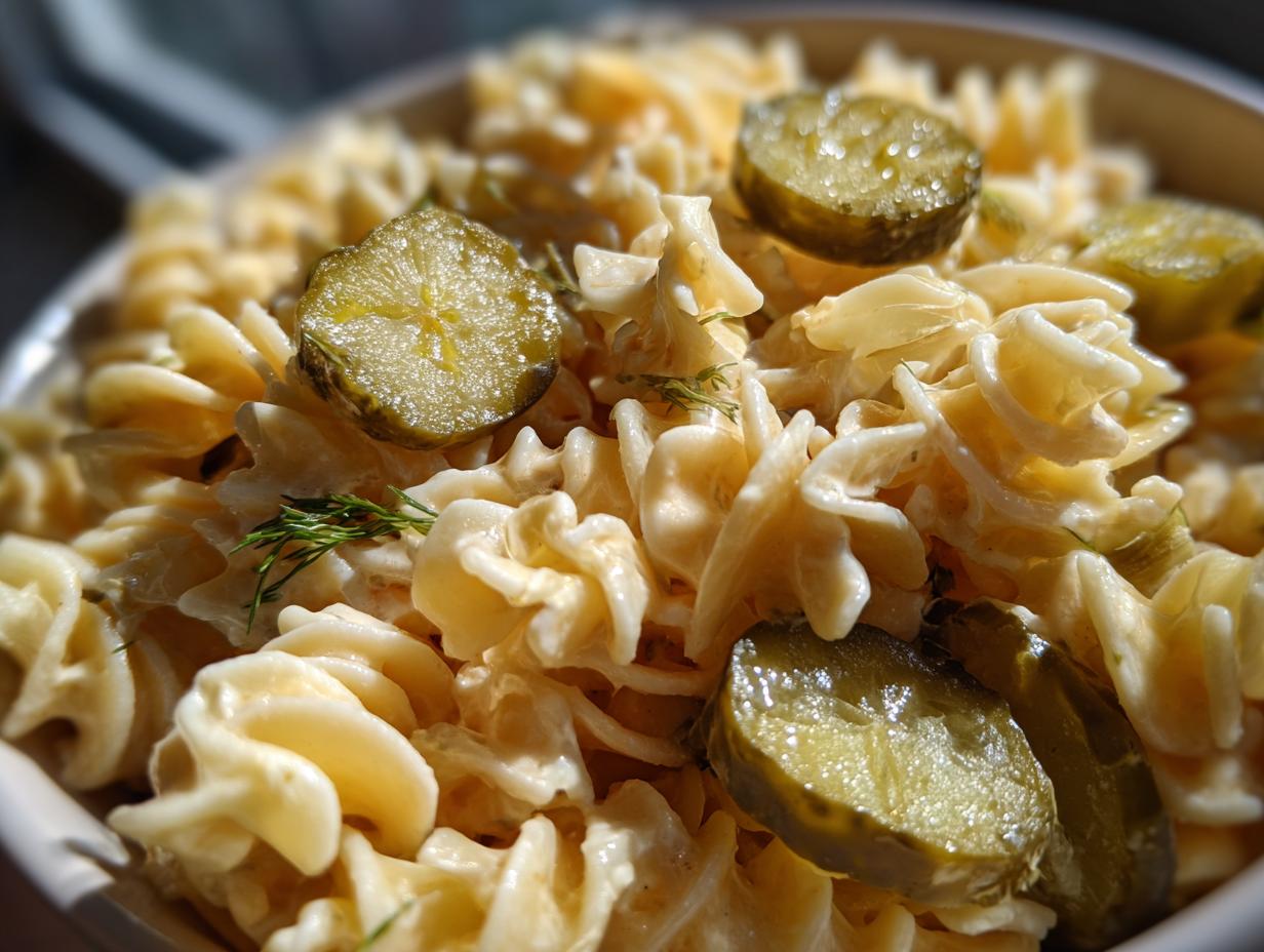 Close-up of pasta salad dill pickle with rotini pasta, dill, and pickle slices.