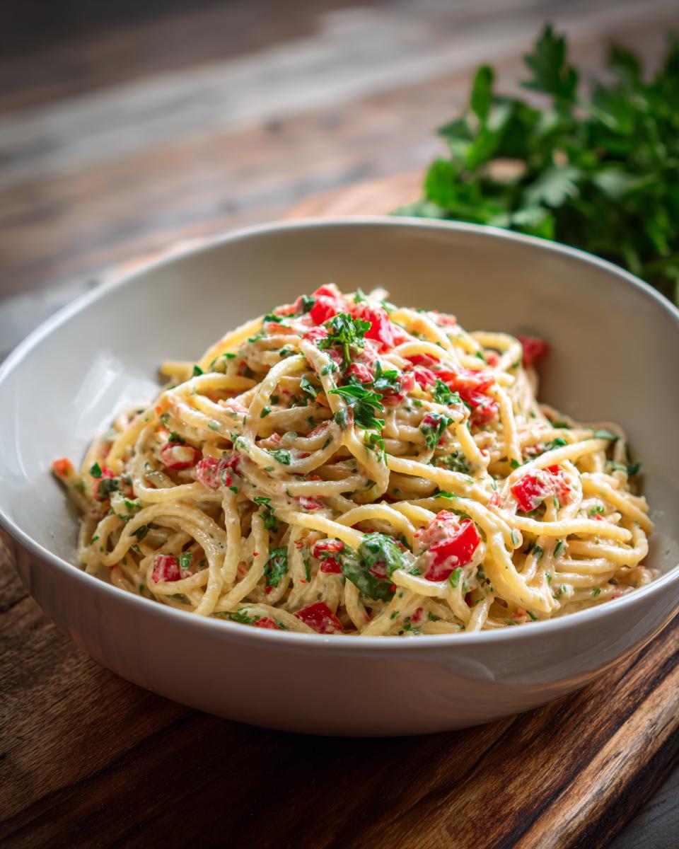 Close-up of pasta salad with creamy dressing, tomatoes, and herbs. This pasta salad dressing recipe is delicious!