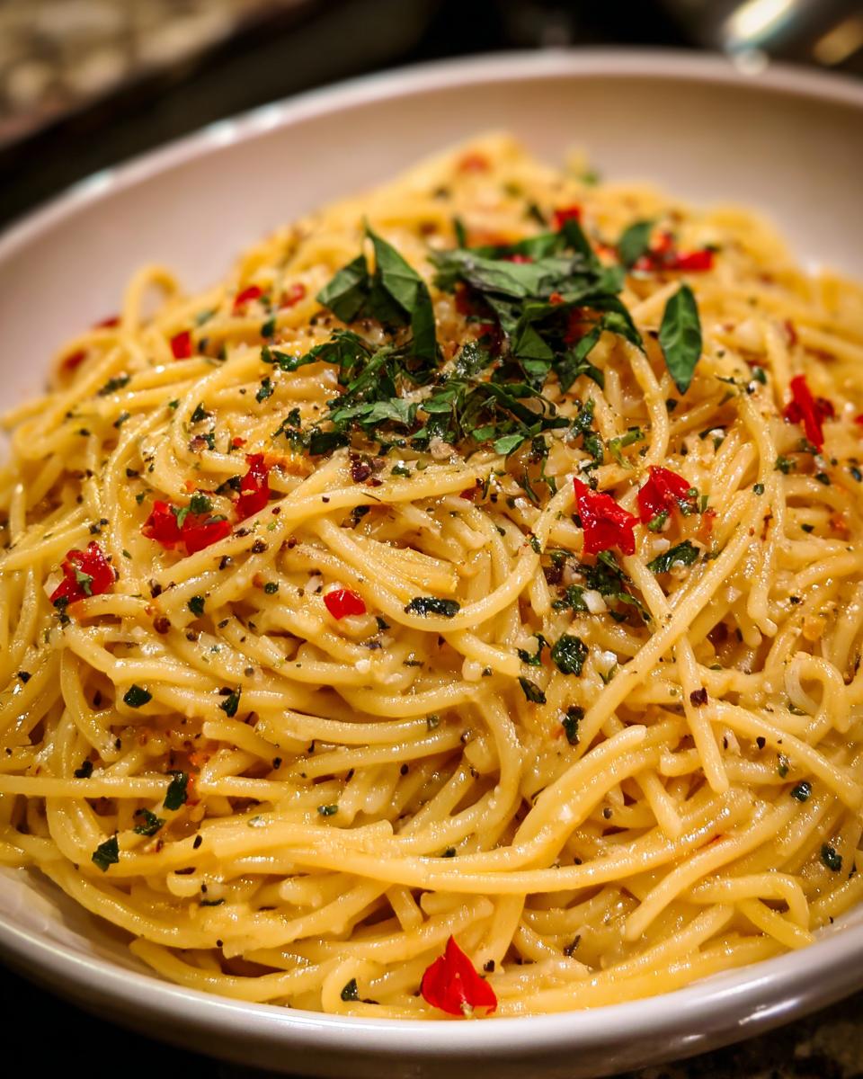 Close-up of spaghetti pasta tossed with pasta salad dressing, herbs, and red pepper flakes.
