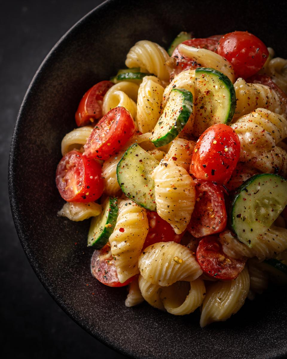 Close-up of a pasta salad with tomatoes, cucumber, and dressing. Recipe for pasta salad dressing.