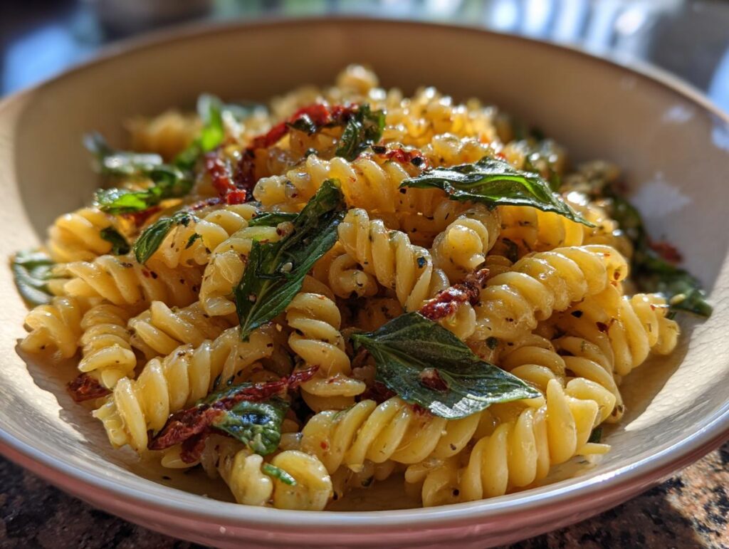 Close-up of pasta salad with fresh basil, sun-dried tomatoes, and dressing, showcasing the pasta salad dressing recipe.