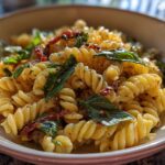 Close-up of pasta salad with fresh basil, sun-dried tomatoes, and dressing, showcasing the pasta salad dressing recipe.
