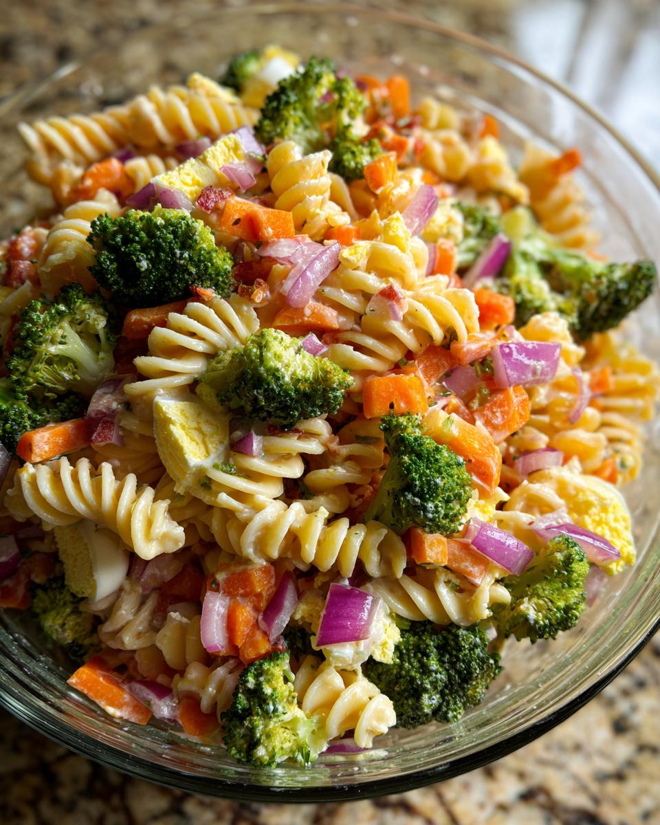 Close-up of a pasta salad Easter dish with rotini pasta, broccoli, carrots, and red onion.
