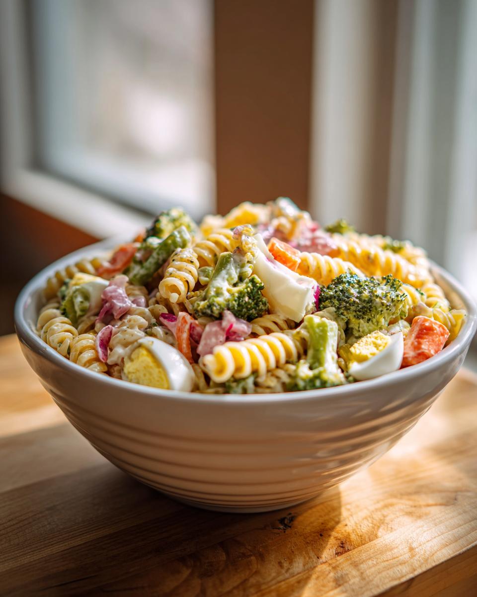 A bowl of delicious pasta salad for Easter with vegetables and eggs, the primary keyword is pasta salad easter.