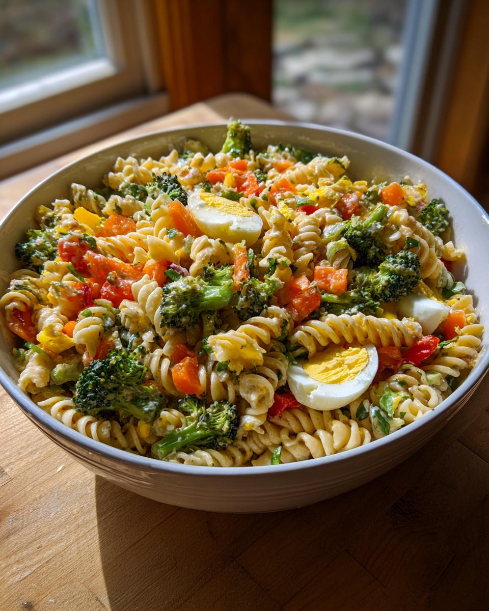 A large bowl of pasta salad easter with vegetables and eggs.
