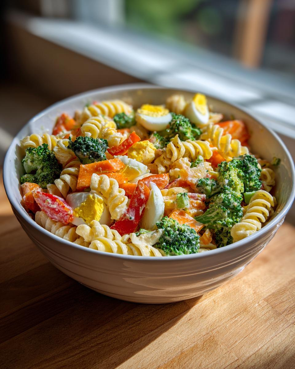 A bowl of pasta salad easter with rotini pasta, broccoli, carrots, red peppers, and hard-boiled eggs.